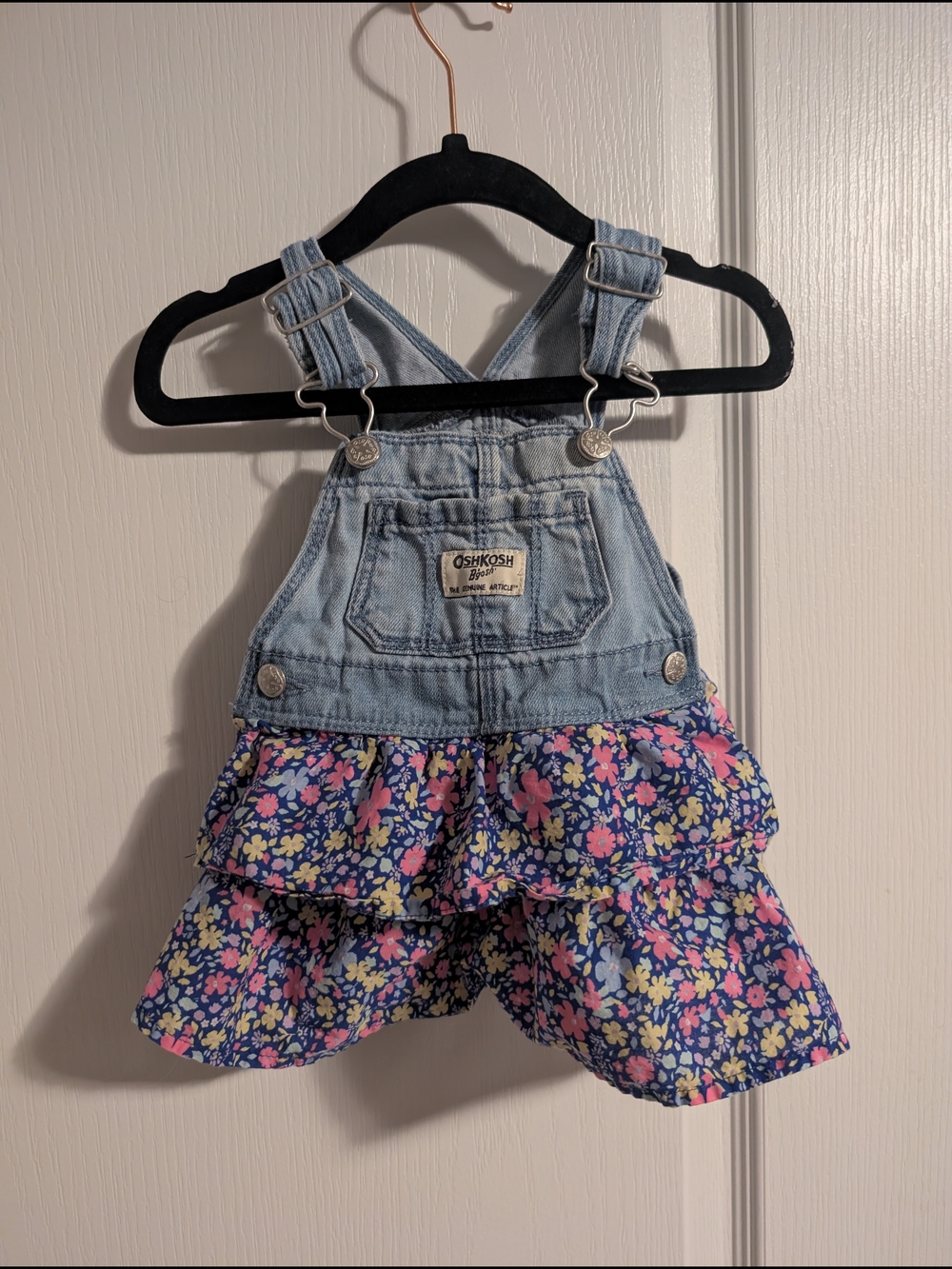 OshKosh B'gosh Light Wash Denim Floral Ruffle Overall Dress - Blue/Pink/Yellow